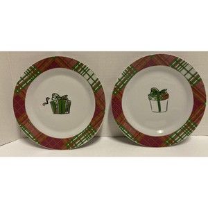 PAI 8" Red Green Plaid Christmas Present Plates Set of  2